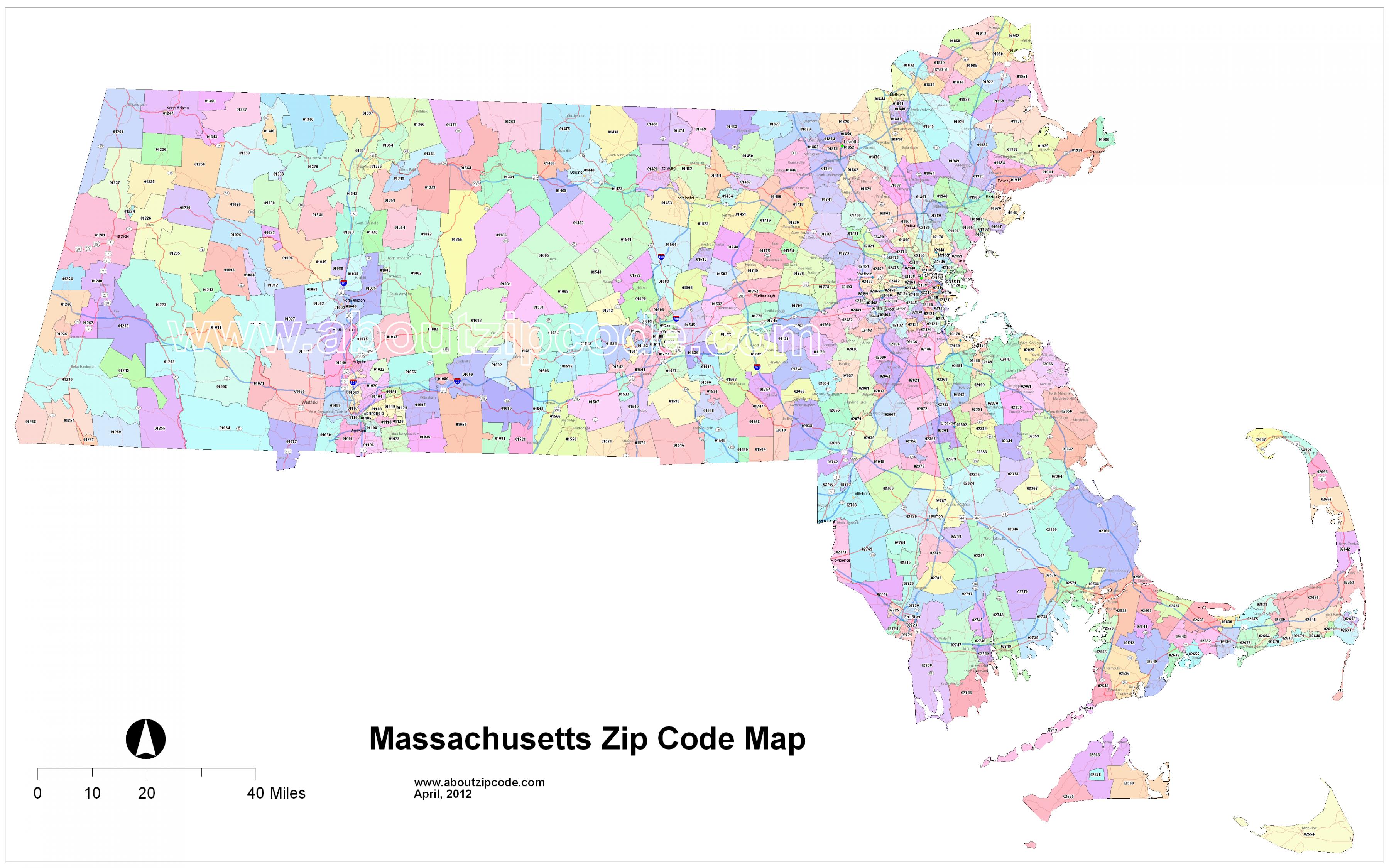 Mapa detallado de códigos postales del estado de Massachusetts